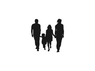 Parents and two children silhouettes. Vector silhouettes of a family, man, woman, and child, walking, people. Black silhouettes of a beautiful man and woman on a white background.