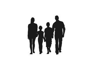 family four persons parents and two children silhouettes. Vector silhouettes of a family, man, woman and child, walking, people. Black silhouettes of beautiful man and woman on white background.