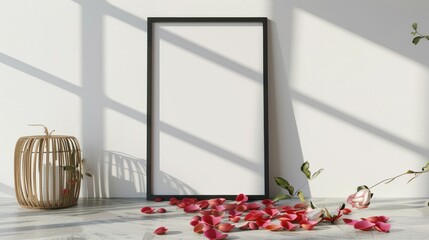 mockup of big simple frame on the floor next to rose petals, romantic atmosphere, valentines day mood, modern interior​
