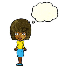 cartoon woman shrugging shoulders with thought bubble