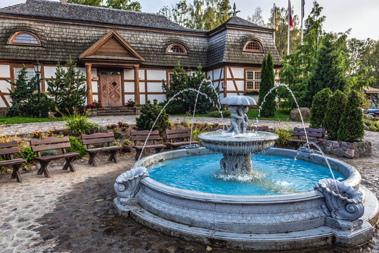 Traditional Replica of traditional manora house in amusement park in Szymbark village, Poland