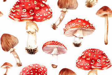 Seamless pattern with watercolor fly agaric mushrooms