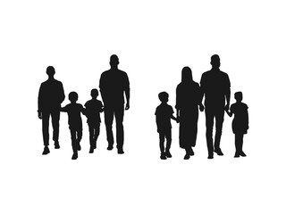 family four persons parents and two children silhouettes.Vector silhouettes of a family, man, woman and child, walking, group people. Black silhouettes of beautiful mans and womans on white background