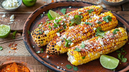 A platter of Mexican street corn with cotija
