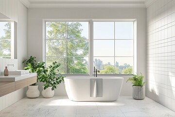 Fototapeta na wymiar White Bathroom with Large Window