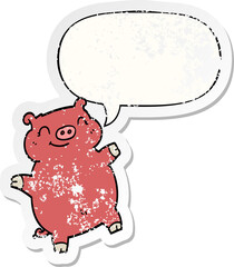 cartoon pig and speech bubble distressed sticker