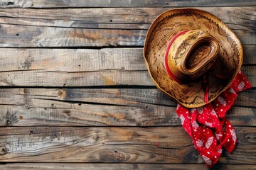 A cowboy hat is on a wooden table with a red bandana - obrazy, fototapety, plakaty