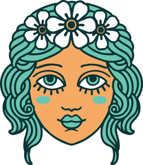 tattoo style icon of female face with crown of flowers