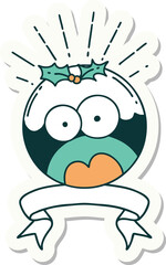 sticker of tattoo style shocked christmas pudding