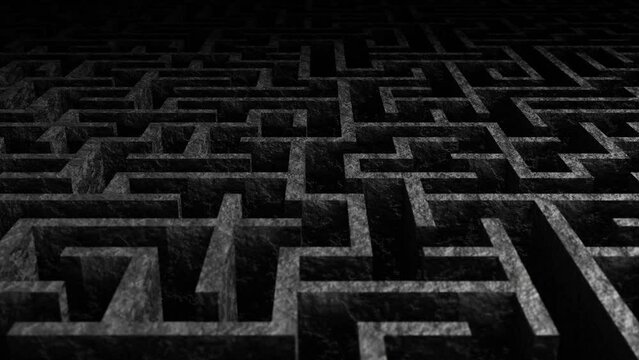 Low angle DOF tracking camera realistic looping 3D animation of the high walls dark aged concrete maze or labyrinth rendered in UHD