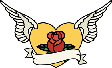 traditional tattoo of a flying heart with flowers and banner