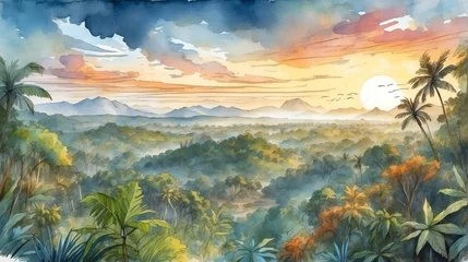 Foto op Canvas Watercolor painting illustration of panoramic landscape view of a jungle at sunset from Generative AI © SevenThreeSky