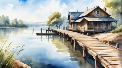 Watercolor painting illustration of wooden jetty port at the beach from Generative AI - obrazy, fototapety, plakaty