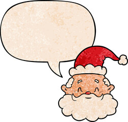 cartoon santa claus face and speech bubble in retro texture style