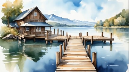 Watercolor painting illustration of wooden jetty port at the beach from Generative AI - obrazy, fototapety, plakaty