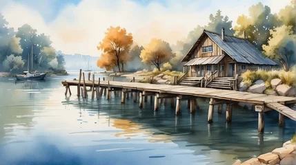 Fotobehang Watercolor painting illustration of wooden jetty port at the lake from Generative AI © SevenThreeSky