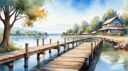 Watercolor painting illustration of wooden jetty port at the lake from Generative AI - obrazy, fototapety, plakaty