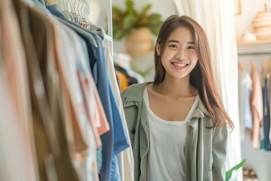 Young happy asian woman chooses clothing and looking himself in mirror at home