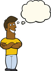 cartoon grinning man with thought bubble