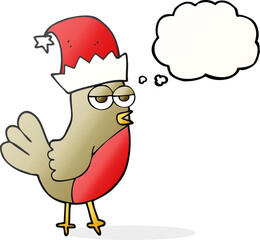 thought bubble cartoon robin in christmas hat