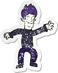 retro distressed sticker of a cartoon happy vampire man