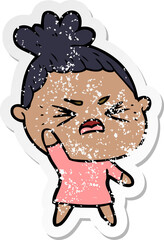 distressed sticker of a cartoon angry woman