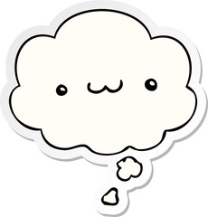 happy cartoon expression and thought bubble as a printed sticker