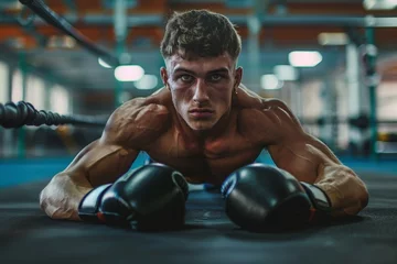 Deurstickers He is wearing boxing gloves and he is in a relaxed state © Aliaksandr Siamko