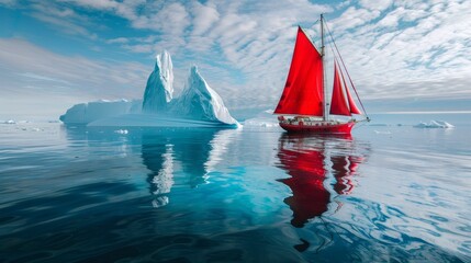 a sailboat with red sails sailing next to an iceberg in Antarctica 