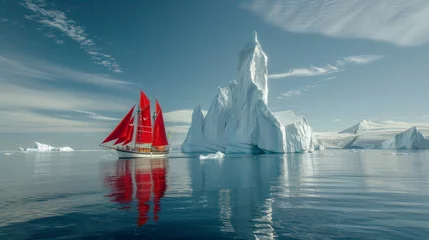 Deurstickers a sailboat with red sails sailing next to an iceberg in Antarctica  © urdialex