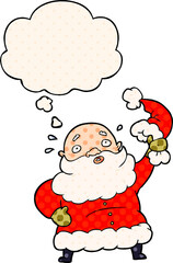 cartoon santa claus waving hat and thought bubble in comic book style