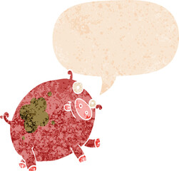 cartoon pig and speech bubble in retro textured style