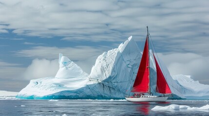 a sailboat with red sails sailing next to an iceberg in Antarctica 
