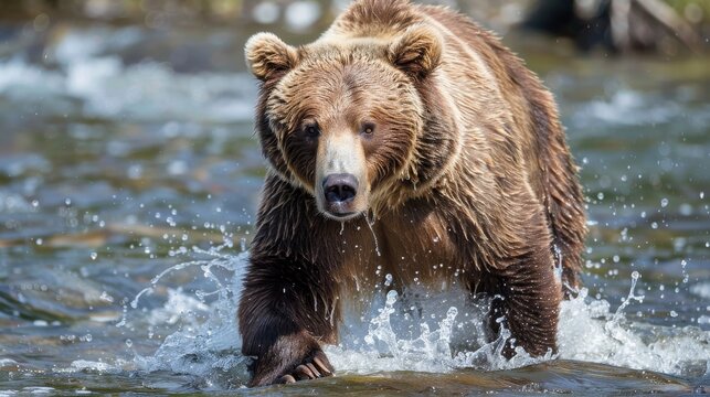 a greezly bear hunting salmons in a river in Alaka