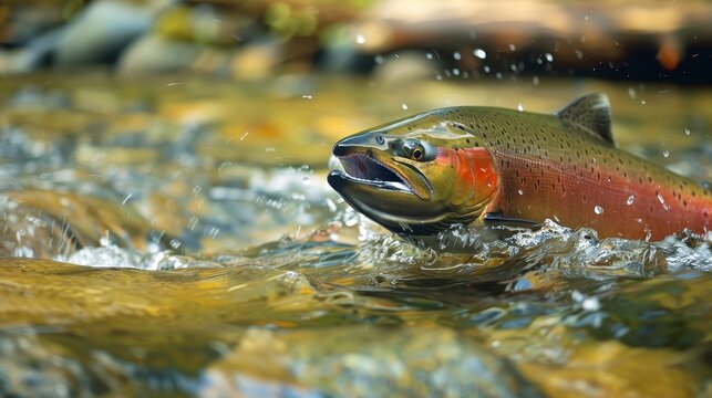 a salmon swimming against the stream in the river