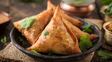 delicious samosas with sauce in indian restaurant - obrazy, fototapety, plakaty