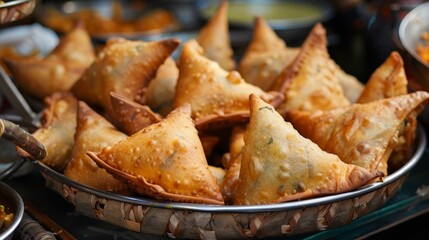 delicious samosas with sauce in indian restaurant - obrazy, fototapety, plakaty
