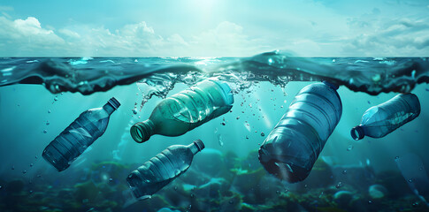 Plastic garbage bottles under the sea. Plastic bottles floating in the ocean
