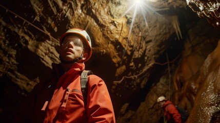 speleologists exploring inside a cave