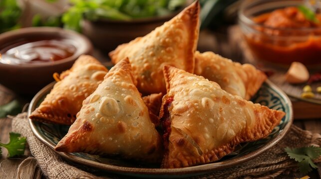 delicious samosas with sauce in indian restaurant
