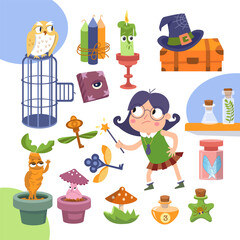Obraz premium Cute witch girl with magic wand, hat, items on white background. Halloween and wizard magic school. Cartoon objects for design. Vector illustration.