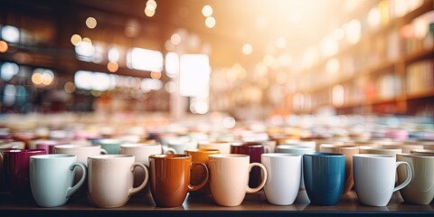 Defocused Coffee shop background with focus on mugs - obrazy, fototapety, plakaty