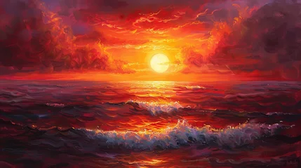 Photo sur Aluminium Bordeaux A depiction of a fiery sunset over the ocean, with the sun's reflection on the water created through thick impasto strokes. Oil painting. 