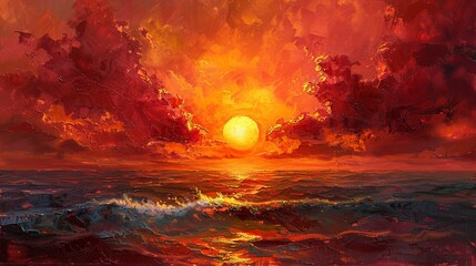 A depiction of a fiery sunset over the ocean, with the sun's reflection on the water created through thick impasto strokes. Oil painting. 