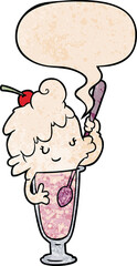 cartoon ice cream soda girl and speech bubble in retro texture style