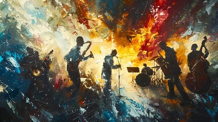 A depiction of a musical performance, with the instruments and musicians crafted from expressive impasto strokes. Oil painting. 