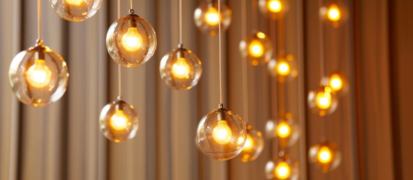 Glowing array of hanging light bulbs on ceiling providing bright illumination in modern interior design concept