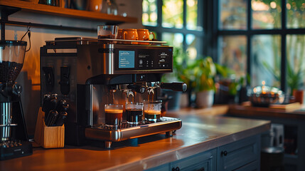 Fototapeta na wymiar Modern technological kitchen with appliances coffee machine cooker and refrigerator