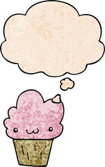 cartoon cupcake with face and thought bubble in grunge texture pattern style