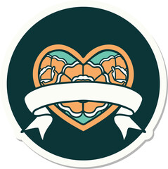 tattoo style sticker of a heart and banner with flowers